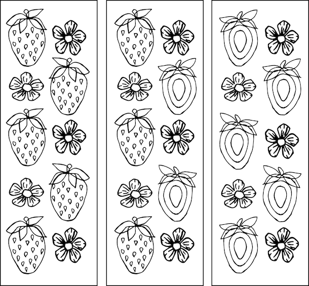 Plik wektorowy trzy różne wzory z truskawkami i kwiatami ręcznie rysowana wkładka