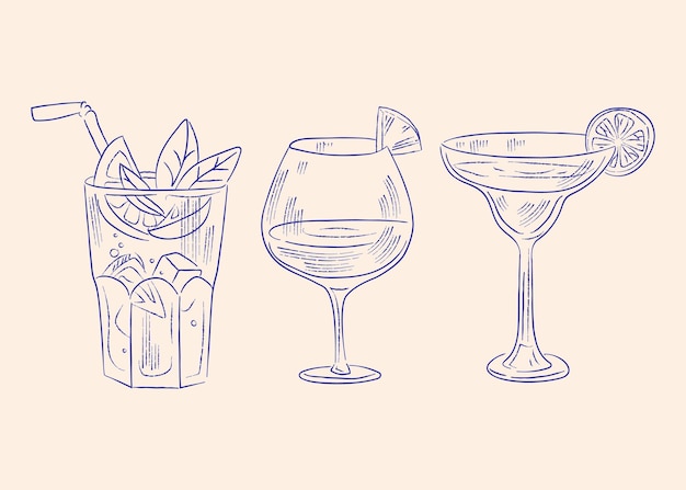 trzy szklanki z mojito martini koktajl wektor ilustracja vintage