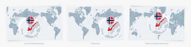 Trzy wersje mapy świata z powiększoną mapą Norwegii z flagą