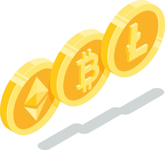 Trzy złote monety przedstawiające symbole bitcoin, ethereum i litecoin reprezentują rosnący rynek kryptowalut i zdecentralizowany handel pieniędzmi cyfrowymi
