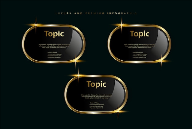 Trzy złote przyciski banerów symbolizują projekt premium interfejsu użytkownika na ciemnym tle dla luksusowego stylu