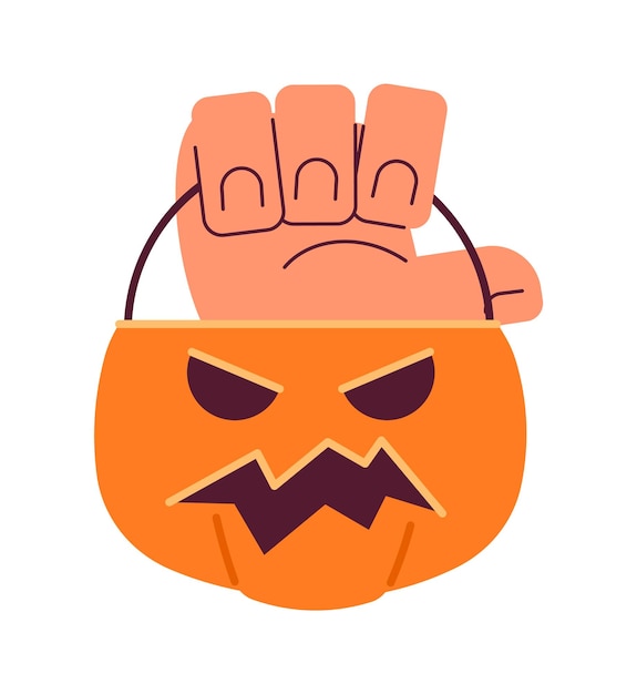 Plik wektorowy trzymanie kosza z dyniami na halloween pół płaska ręka wektorowa kolorowa wiadro sztuczki lub smakołyk jack o latarnia edytowalna close-up clip art na białym proste ilustracje kreskówek dla projektowania graficznego stron internetowych