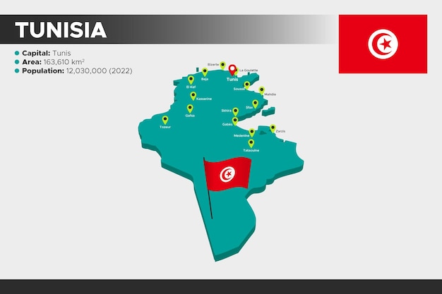 Plik wektorowy tunezja izometryczna mapa ilustracji 3d flaga stolic obszaru populacji i mapa tunezji