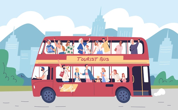 Turyści na wycieczce autobusową Wycieczka grupa turystyczna transfer cudzoziemca wycieczka do Londynu lub rodzina zwiedzanie letnie podróżowanie zwiedzanie miasta mówca przewodnik orientacyjny klasyczna ilustracja wektorowa