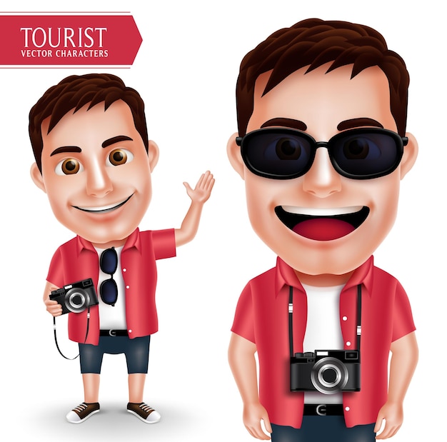 Turystyczny fotograf mężczyzna wektor znaków noszący na co dzień aparat trzymający i machający ręką