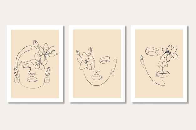 Twarz Kobiety Z Kwiatem Linia Art Print Naturalny Plakat Artystyczny Na ścianę