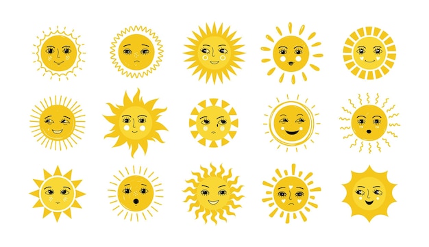 Twarz Słońca Doodle żółte Uśmiechy Z Promieniami Słońca Na Białym Tle Szczęśliwy I Smutny Zestaw Emoji Słoneczna Pogoda śmieszne Naklejki Ręcznie Rysowane Okrągłe Kształty Wektor Kreskówki Zachód Lub Wschód Słońca Elementy Graficzne