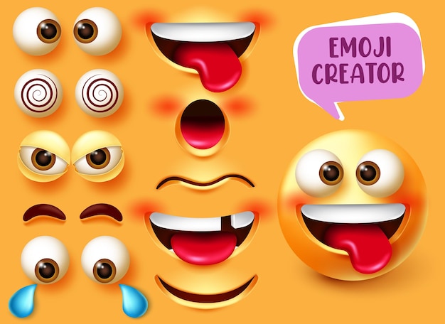 Twórca emoji wektor scenografia. Zestaw postaci z emotikonami 3d z edytowalnymi zabawnymi, złymi i smutnymi.