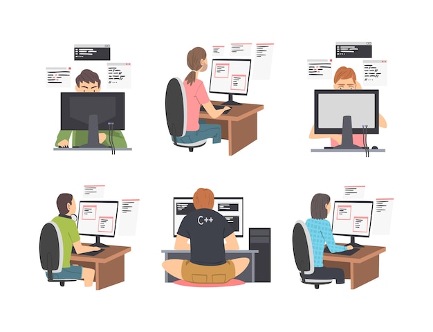 Twórca stron internetowych lub programista pracujący przed ekranem komputera Wektorowy zestaw ilustracji Mężczyzna i kobieta jako specjalista od oprogramowania zaangażowany w rozwój aplikacji World Wide Web Koncepcja