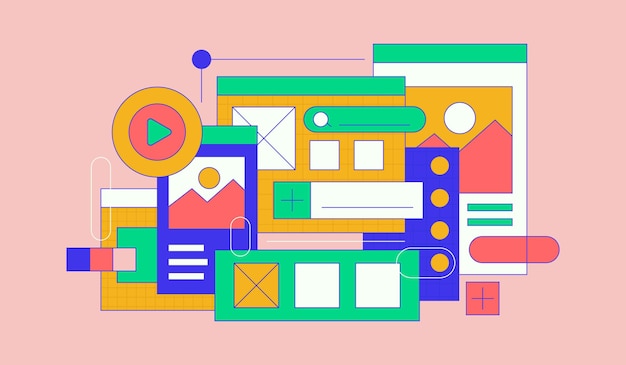 Tworzenie aplikacji i projektowanie stron internetowych Kolorowa i zabawna ilustracja aplikacji mobilnej Płaska ilustracja wektorowa