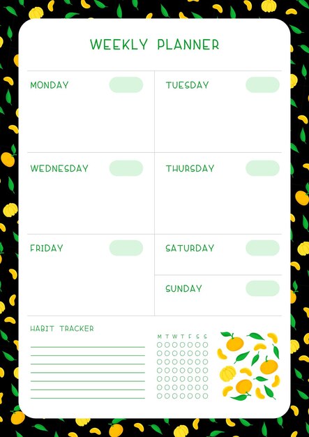 Tygodniowy Harmonogram I śledzenie Nawyków Z Mandarynkami I Płaskim Szablonem Liści. Pusta Strona Organizatora Zadań Osobistych Dla Planera Z Ramką Owoców Na Czarnym Tle.
