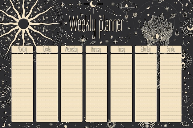 Plik wektorowy tygodniowy planner. gwiazdy, konstelacje, słońce i księżyc. retro vintage.