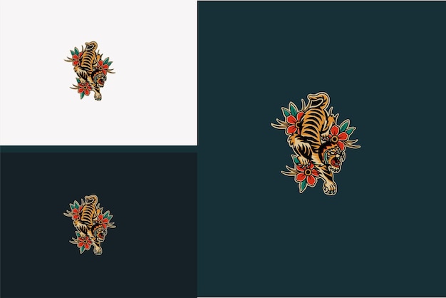 Tygrys I Czerwona Róża Wektor Płaska Konstrukcja