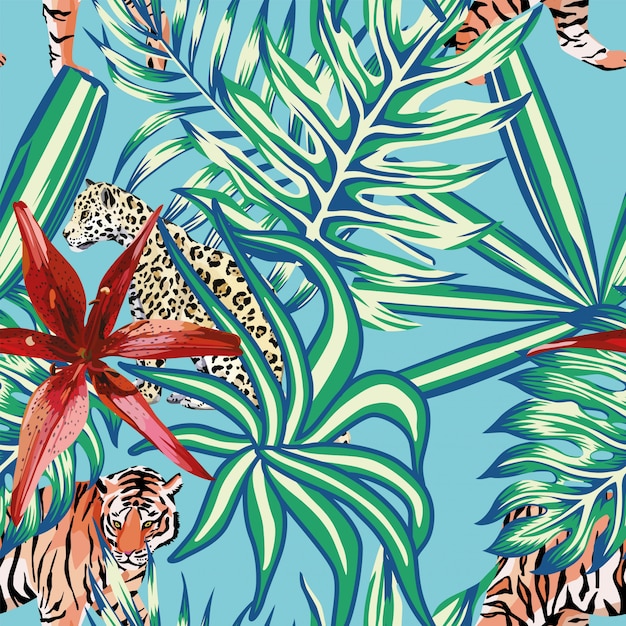 Plik wektorowy tygrys lampart tropikalnych liści lilii bezszwowe tło niebieskie