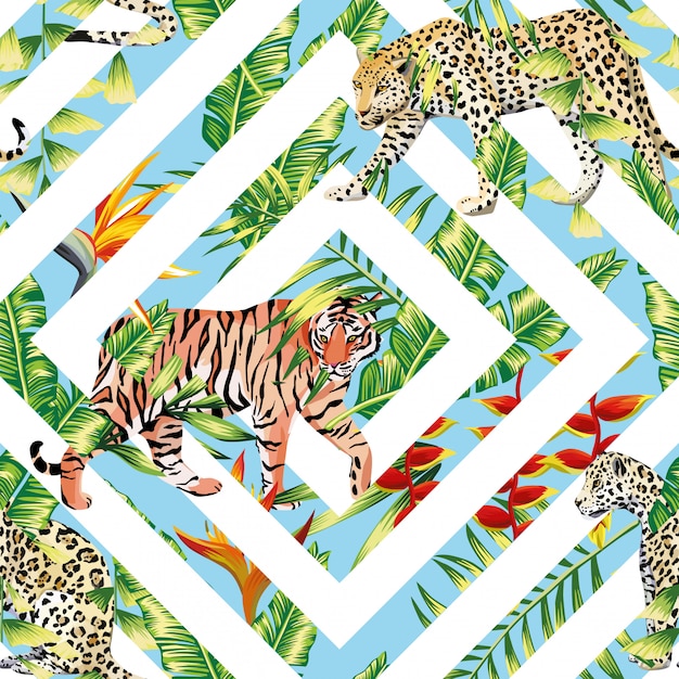 Plik wektorowy tygrys lampart wzór tropikalnych liści geometryczne