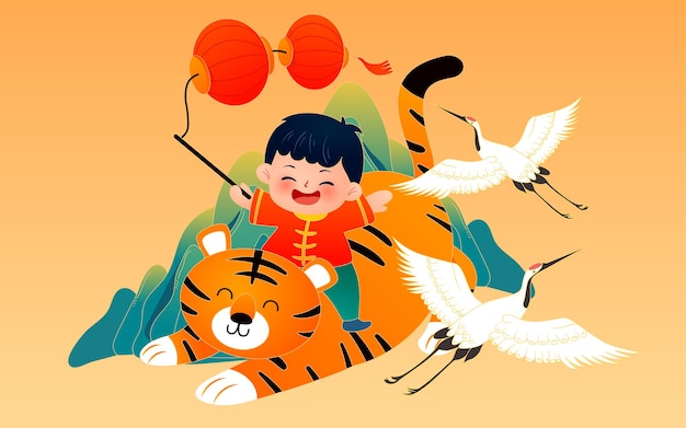 Tygrys rok wiosna festiwal narodowy przypływ ilustracja chiński styl dziecko jedzie festiwal tygrysa