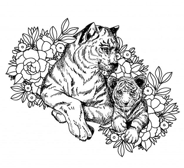 Tygrys Tatuaż Szkic Czarno-biały Z Grafiką