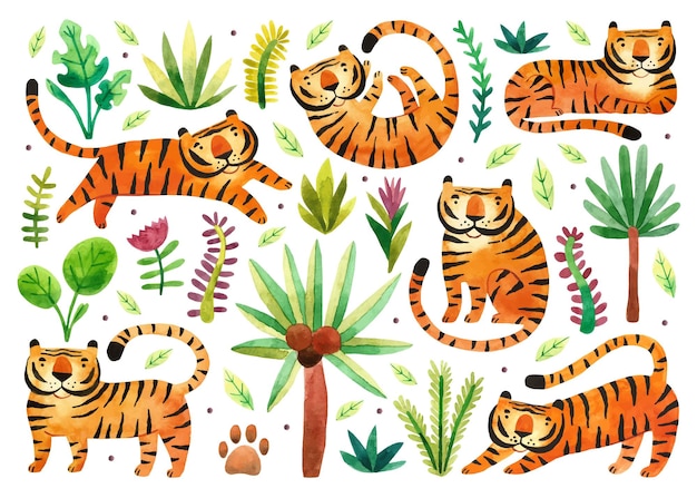 Plik wektorowy tygrysy w lesie deszczowym duże dzikie koty i rośliny tropikalne znak zodiaku roku akwarela