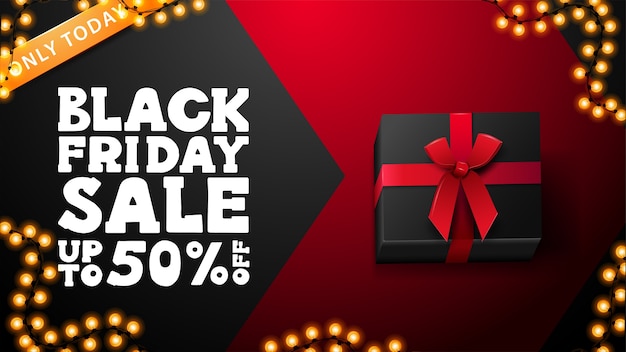 Tylko Dzisiaj Black Friday Sale, Do 50%, Czarno-czerwony Baner Z Prezentem, Ramką W Kształcie Girlandy I Dużym Białym Tytułem. Baner Rabatowy Na Stronę Internetową