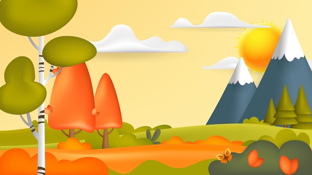 Tytuł Jesienny krajobraz wiejski z żółtymi i czerwonymi drzewami w ilustracji wektorowych w stylu 3D
