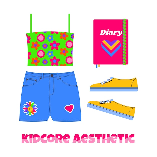 Plik wektorowy ubrania i akcesoria dla dziewczynek w stylu kidcore z lat 90-tych w estetycznym stylu y2k