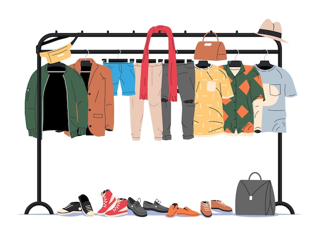 Ubrania i akcesoria wiszące na wieszaku do domu lub sklepu szafa ubrania i akcesoria różne wiszące ubrania kurtka koszula dżinsy spodnie torby buty i kapelusze kreskówka płaskie wektor ilustracja