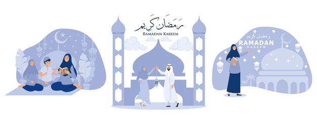 ucząc swoje dzieci czytania Koranu islamskiego Ramadan Kareem rodzina moment zestaw płaski wektor nowoczesny
