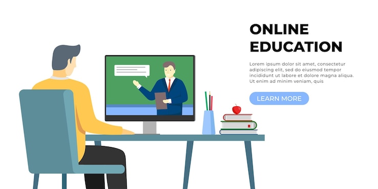 Wektor uczeń mężczyzna zdalna nauka i edukacja online w domu chłopiec siedzący przy biurku z książkami i studiujący