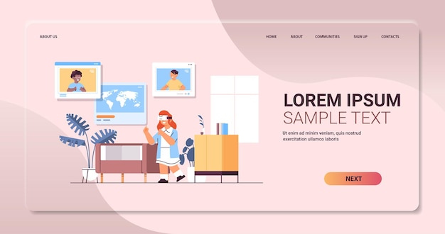 Uczennica Nosząca Zestaw Słuchawkowy Vr Uczniowie W Oknach Przeglądarki Internetowej Dyskutujący Podczas Rozmowy Wideo O Samoizolacji