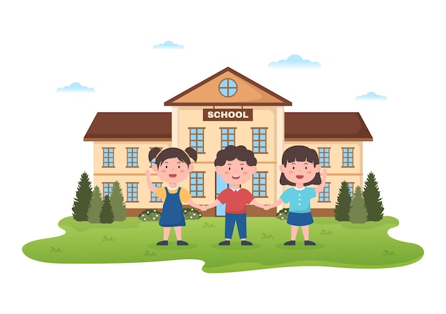 Uczniowie opuszczają budynek szkoły po zajęciach lub programie i wracają do domu w ręcznie rysowanej ilustracji