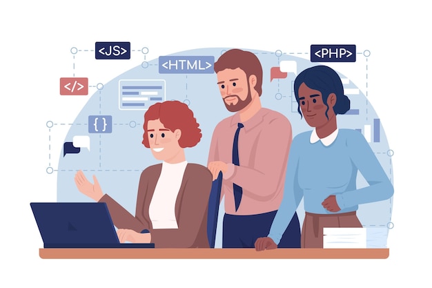 Udana praca zespołowa programistów 2D wektor ilustracja na białym tle