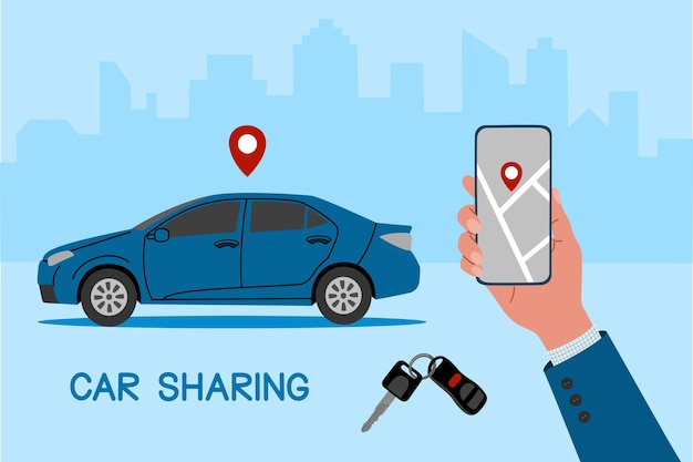 Plik wektorowy udostępnianie samochodów lub koncepcja usługi wynajmu samochodów. ręka trzyma smartfona z lokalizacją trasy i punktu