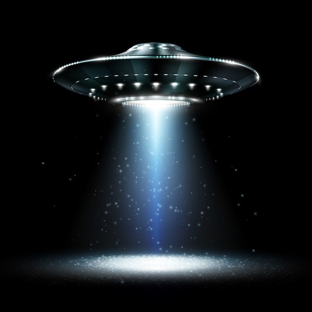 UFO. Niezidentyfikowany obiekt latający. Futurystyczne UFO na czarnym tle. Fotorealistyczna ilustracja.