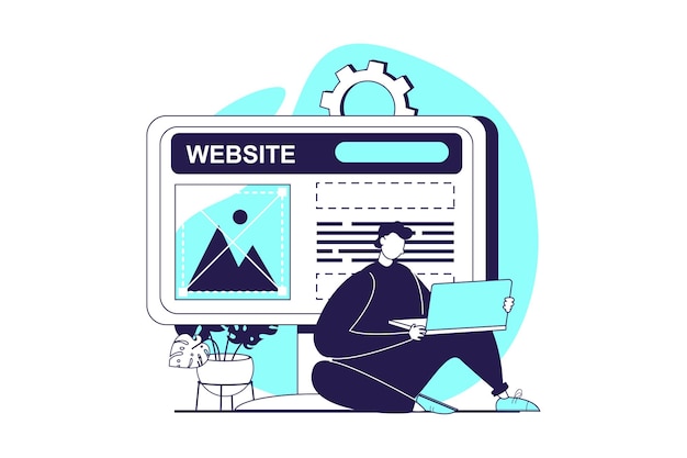 UI and UX designers web concept with flat people for website design Man works at laptop creating site interface and mobile application template building navigation at screen Vector illustration