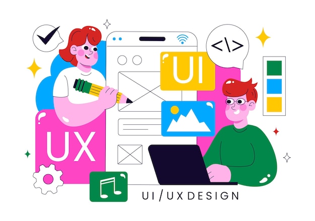 Ui Ux Design Vector Illustration Featuring Application and Software Website Development with App Coding in a Flat Style Cartoon Background