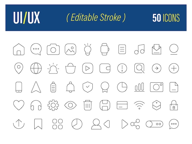 UIUX Line Icon Set 50 Editable Stroke Icons for Web App Design Linear icon collection Vector illustration collection