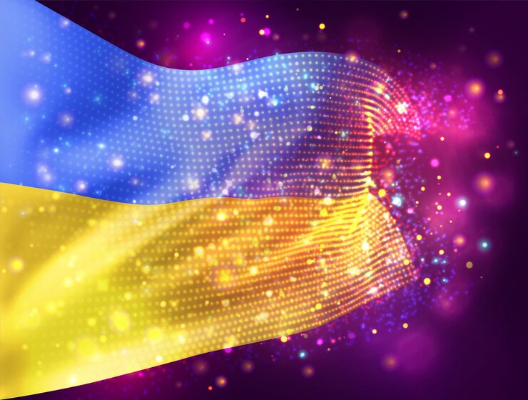 Wektor ukraina, wektor flaga 3d na różowym fioletowym tle z oświetleniem i flarami