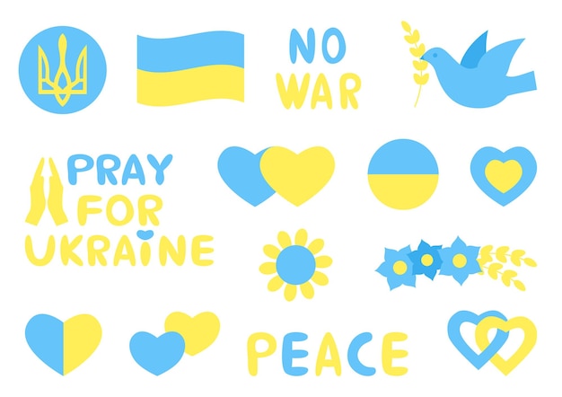 Plik wektorowy ukraiński wieniec serca i zestaw ikon słonecznika módlcie się za ukrainę zatrzymajcie wojnę flaga narodowa i godło