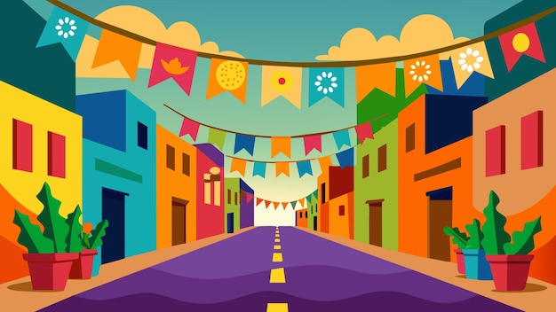 Plik wektorowy ulice ozdobione są kolorowymi sztandarami papier picado symbolizującymi radość i żywotność