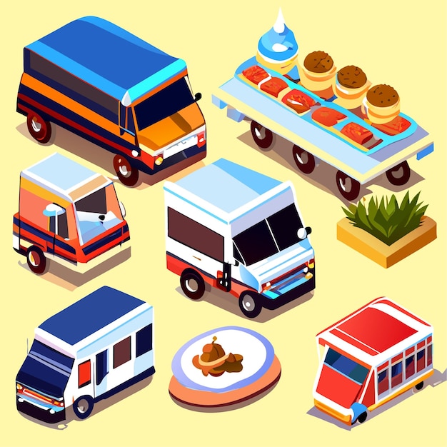Plik wektorowy uliczne ciężarówki spożywcze i pojazdy izometryczne ikony wektor zestaw