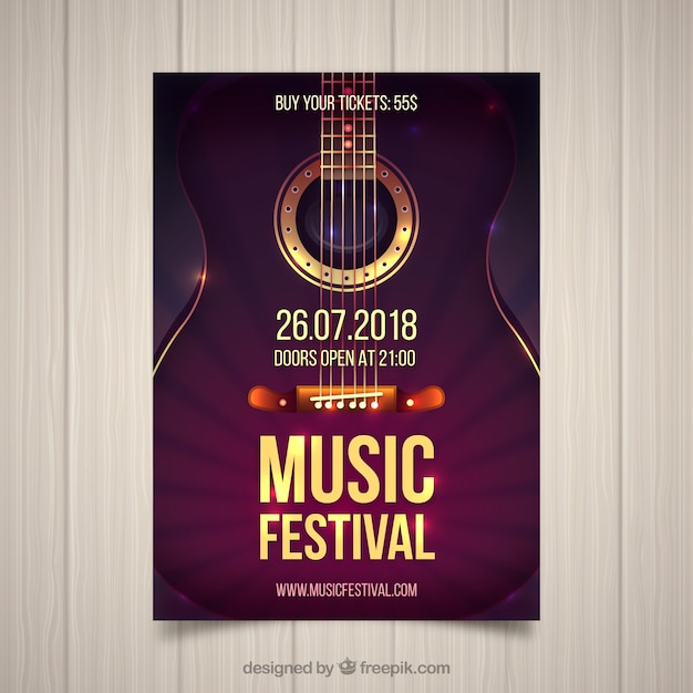 Plik wektorowy ulotka festiwal muzyczny z gitarą w realistycznym stylu