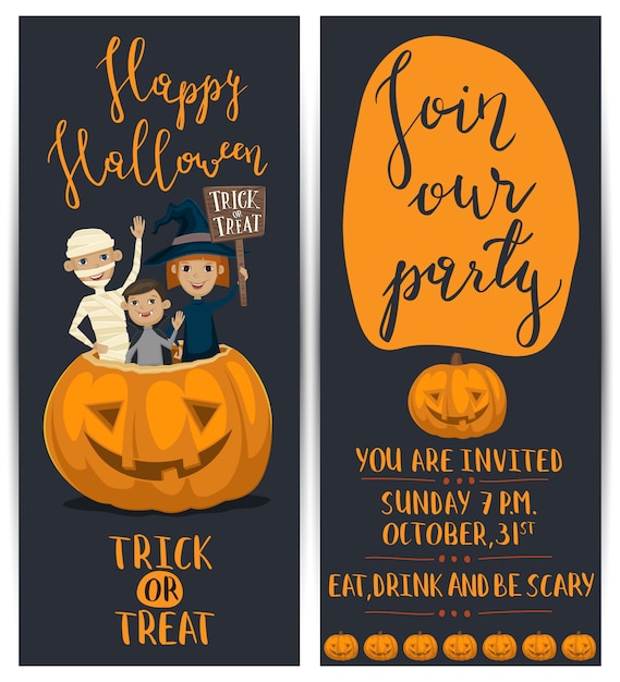 Plik wektorowy ulotki halloween party z dziećmi w kostiumach