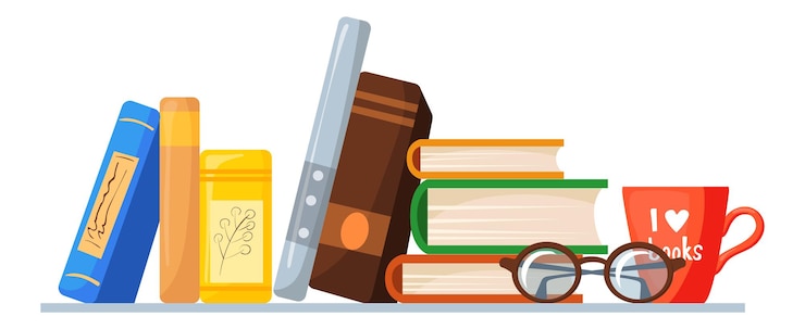 Wektor ułóż literaturę na półce. kreskówka stos podręczników z podręcznikiem szkolnym i brązowymi okularami, wektor na białym tle