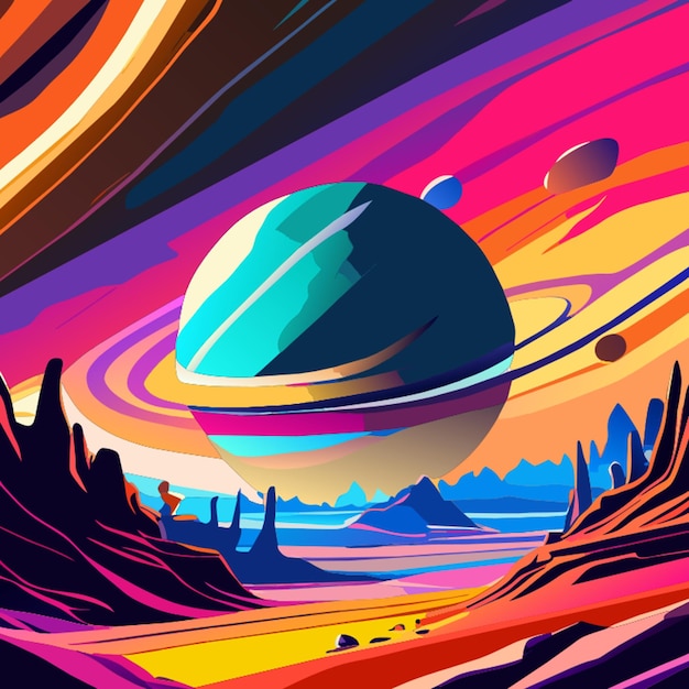 Plik wektorowy ultra hd samotna planeta w rozległej przestrzeni retro jasne żywe kolory bardzo szczegółowe tekstury wektor