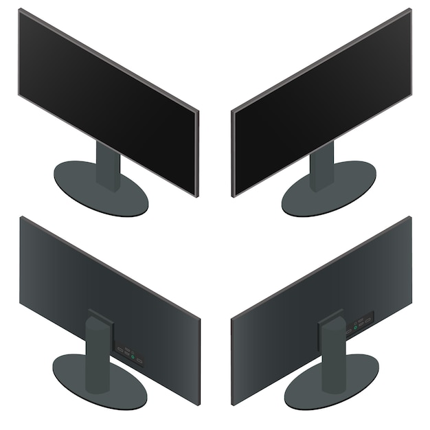Ultra szeroki monitor. Płaski izometryczny. Z przodu i z tyłu. Czarny monitor na stojaku. Duży ekran. Komponenty komputerowe. Na białym tle. Ilustracja wektorowa.