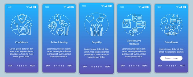 Umiejętności komunikacyjne onboarding wektor ekranu strony aplikacji mobilnej te
