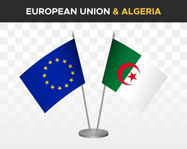 Unia Europejska Vs Algieria Flagi Na Biurko Makieta Na Białym Tle Ilustracja Wektorowa 3d Flagi Na Stół Ue