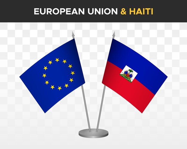 Unia Europejska Vs Flagi Na Biurko Haiti Makieta Na Białym Tle Ilustracja Wektorowa 3d Flagi Na Stół Ue