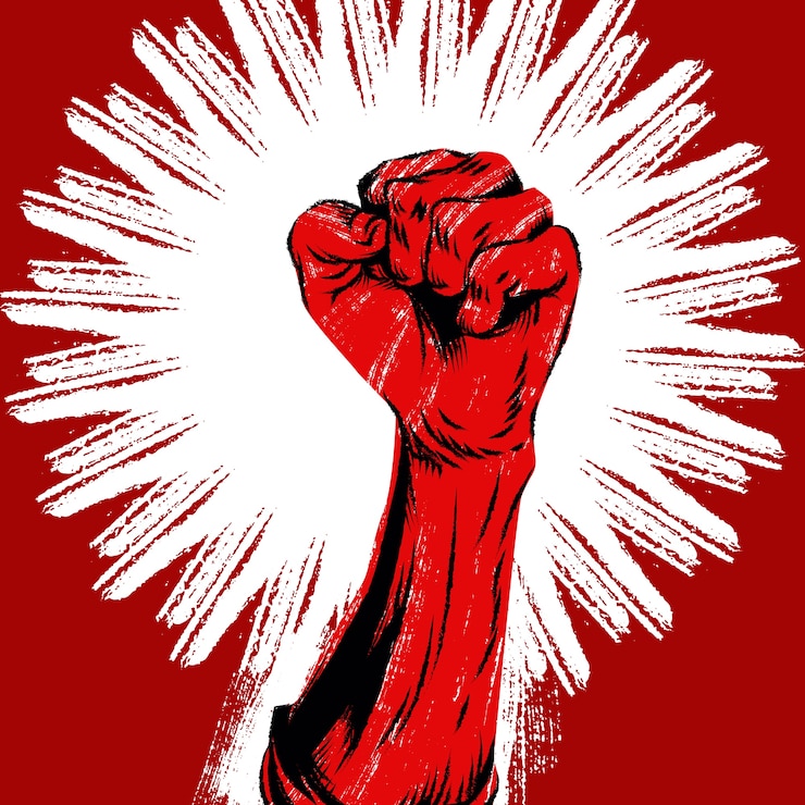 Wektor uniesiona ludzka pięść protestu. plakat retro rewolucja nieczysty