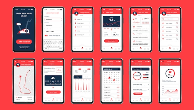 Unikalny Zestaw Do ćwiczeń Fitness Do Aplikacji Mobilnych. Ekrany Monitorowania Fitness Z Planowaniem Trasy, Analizami I Spalonymi Kaloriami. Sportowy Interfejs Użytkownika, Zestaw Szablonów Ux. Gui Dla Responsywnej Aplikacji Mobilnej.